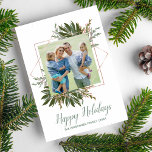 Happy Holidays Christmas Photo Stylish Geometric Holiday Card<br><div class="desc">Celebrate the holidays with this beautiful card featuring your photo surrounded by a Rose gold botanical frame set above your custom holiday greeting and family name. Backside features a subtle geometric pattern designs (background colour can easily be changed by clicking on customise and then scrolling down to the colour picker)....</div>
