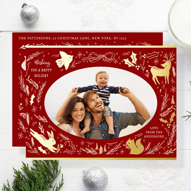 Happy Holidays Christmas Photo Woodland Doodle Foil Holiday Postcard (Creator Uploaded)