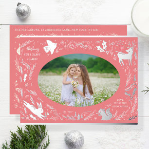 Happy Holidays Christmas Photo Woodland Doodle Foil Holiday Postcard