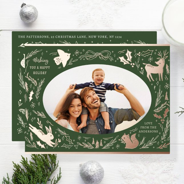 Happy Holidays Christmas Photo Woodland Doodle Foil Holiday Postcard (Creator Uploaded)