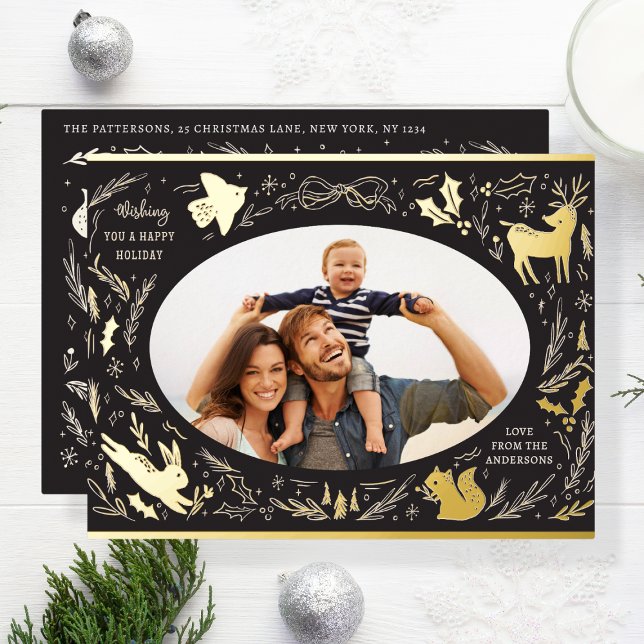 Happy Holidays Christmas Photo Woodland Doodle Foil Holiday Postcard (Creator Uploaded)