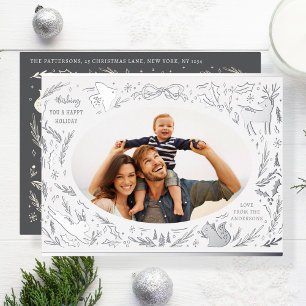 Happy Holidays Christmas Photo Woodland Doodle Foil Holiday Postcard