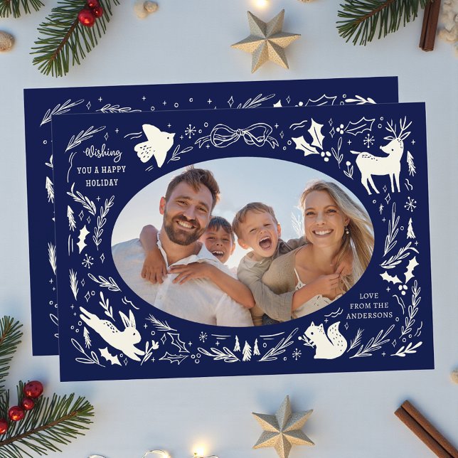 Happy Holidays Christmas Photo Woodland Doodle Holiday Card (Creator Uploaded)
