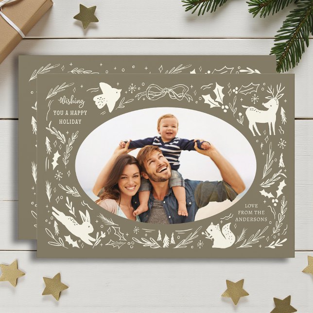 Happy Holidays Christmas Photo Woodland Doodle Holiday Card (Creator Uploaded)