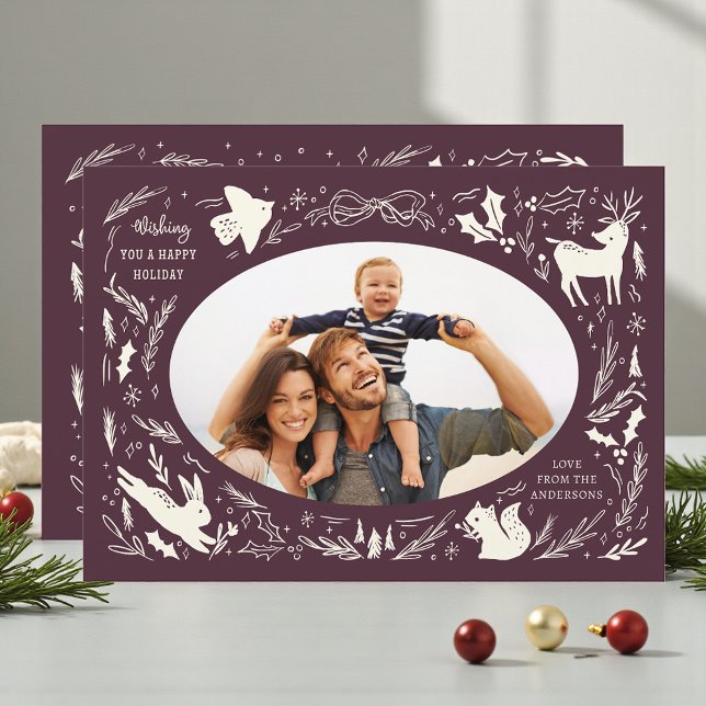 Happy Holidays Christmas Photo Woodland Doodle Holiday Card (Creator Uploaded)