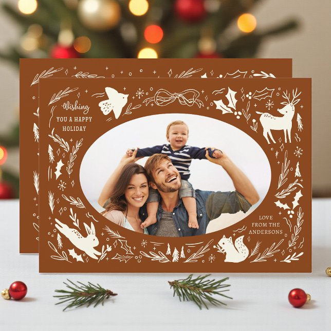 Happy Holidays Christmas Photo Woodland Doodle Holiday Card (Creator Uploaded)