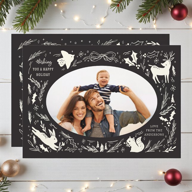 Happy Holidays Christmas Photo Woodland Doodle Holiday Card (Creator Uploaded)