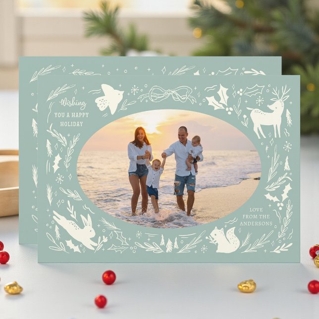 Happy Holidays Christmas Photo Woodland Doodle Holiday Card (Creator Uploaded)