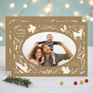 Happy Holidays Christmas Photo Woodland Doodle Holiday Card