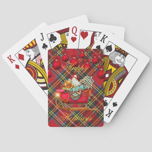 Happy Holidays Christmas Plaid Tartan Santa Sleigh Playing Cards (Back)