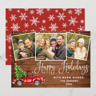 Happy Holidays Christmas Red Farm Truck 3 Photo Holiday Card
