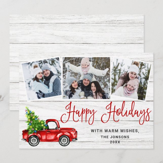Happy Holidays Christmas Red Farm Truck 3 Photo Holiday Card (Front/Back)