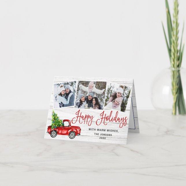 Happy Holidays Christmas Red Farm Truck 3 Photo Holiday Card (Front)