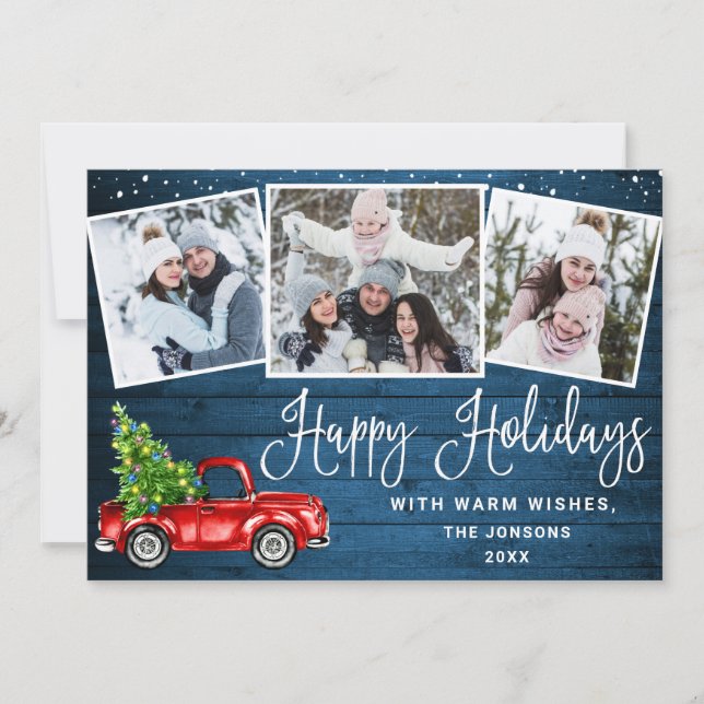 Happy Holidays Christmas Red Farm Truck 3 Photo Holiday Card (Front)