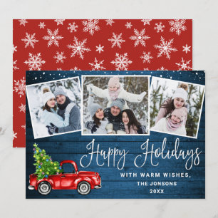 Happy Holidays Christmas Red Farm Truck 3 Photo Holiday Card