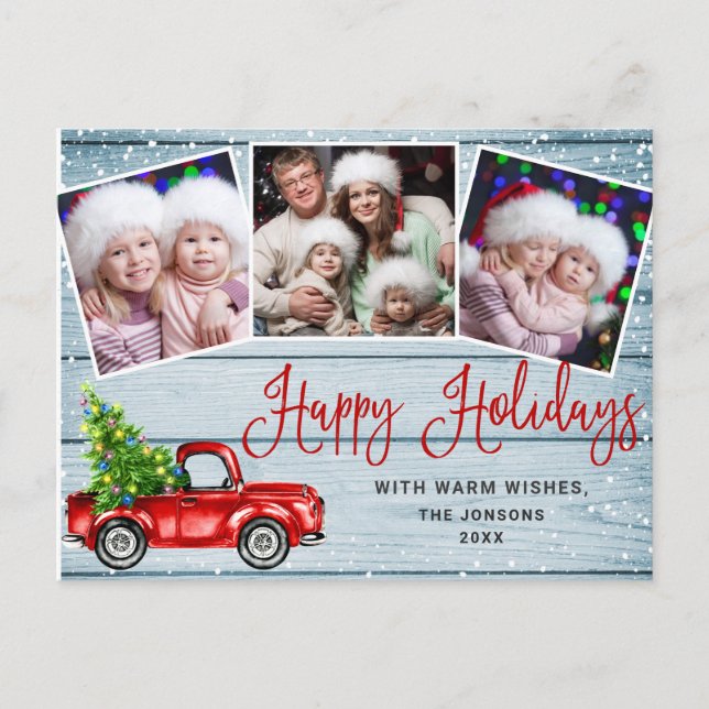 Happy Holidays Christmas Red Farm Truck 3 Photo  Postcard (Front)