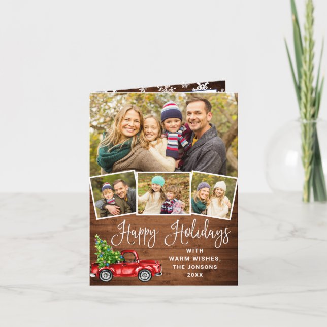 Happy Holidays Christmas Red Farm Truck 4 Photo Holiday Card (Front)