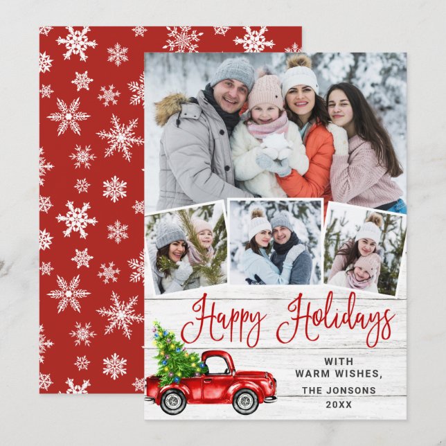 Happy Holidays Christmas Red Farm Truck 4 Photo Holiday Card (Front/Back)