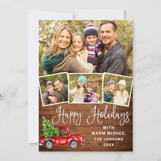Happy Holidays Christmas Red Farm Truck 4 Photo Holiday Card (Front)