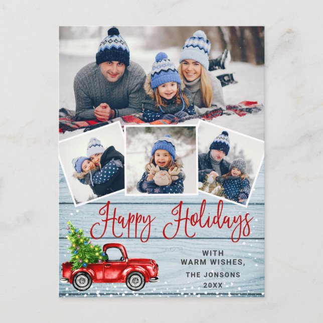 Happy Holidays Christmas Red Farm Truck 4 Photo Postcard (Front)