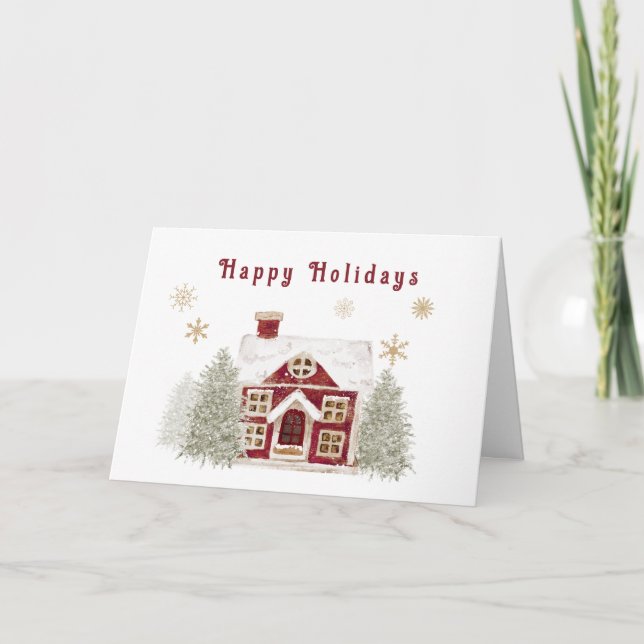 Happy Holidays Christmas Red Snow Covered House Holiday Card (Front)