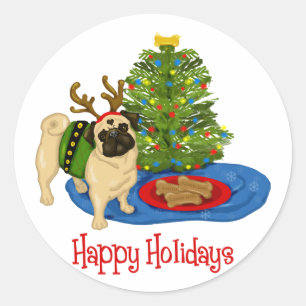 Happy Holidays Christmas Reindeer Pug Stickers