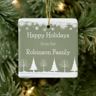 Happy Holidays Christmas Sage Green Custom Name Ceramic Ornament