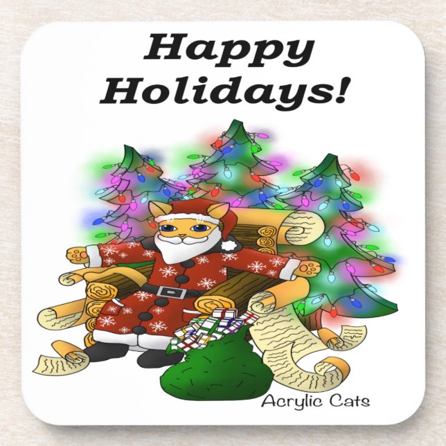 Happy Holidays Christmas Santa Cat Coaster (Front)