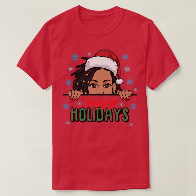 Happy Holidays Christmas Snow Melanin Women Black  T-Shirt (Design Front)