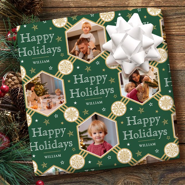 Happy Holidays Christmas Snowflake Photo Green Wrapping Paper (Creator Uploaded)