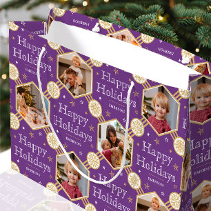 Happy Holidays Christmas Snowflake Photo Purple Large Gift Bag