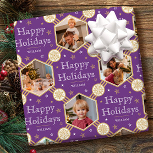 Happy Holidays Christmas Snowflake Photo Purple Wrapping Paper