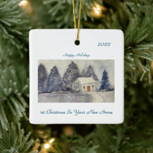 Happy Holidays Christmas Snowy Cottage new home Ceramic Ornament