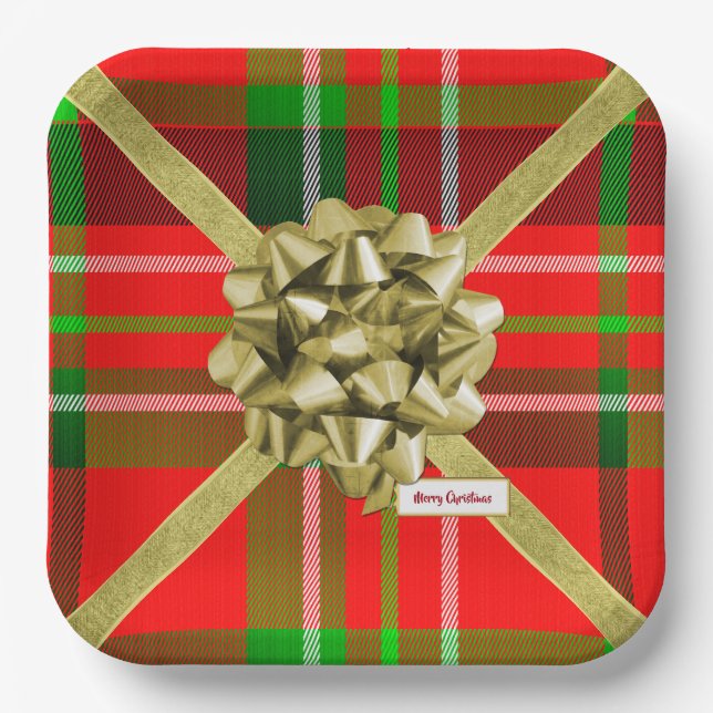 Happy Holidays Christmas Tartan Pattern Red Green Paper Plate (Front)