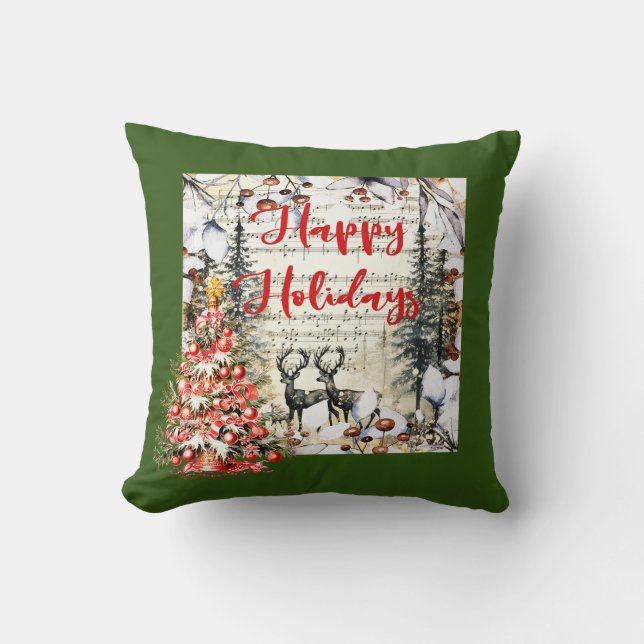 Happy Holidays - Christmas Tree and Deer Cushion (Front)