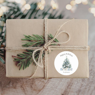 Happy Holidays Christmas Tree Family Name Classic Round Sticker