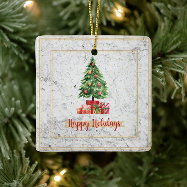 Happy Holidays Christmas Tree On Marble Ceramic Ornament (Tree)