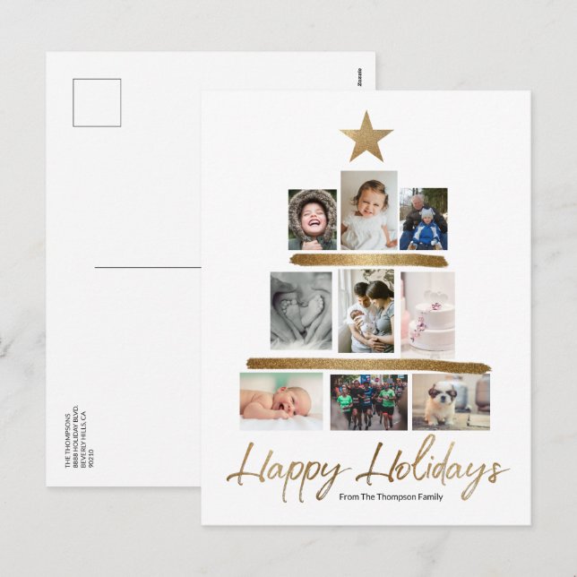 Happy Holidays Christmas Tree Photo stack Gold  Holiday Postcard (Front/Back)