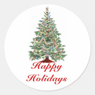 Happy Holidays, Christmas Tree with lights Classic Round Sticker