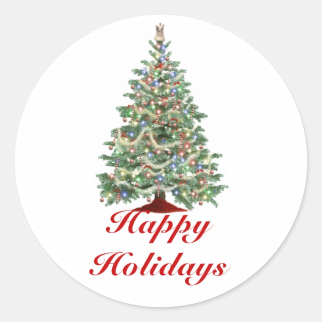 Happy Holidays, Christmas Tree with lights Classic Round Sticker (Front)