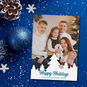 Happy Holidays Christmas Trees Family Photo Blue Holiday Card
