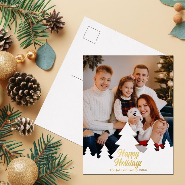Happy Holidays Christmas Trees Family Photo Gold Foil Holiday Postcard (Creator Uploaded)