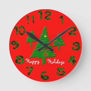 Happy Holidays Christmas Trees Numbered Round Clock
