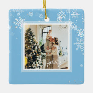 Happy holidays Christmas, white snowflakes, red Ceramic Ornament