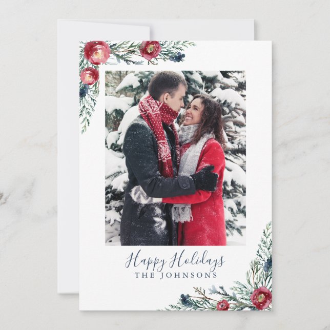 Happy Holidays Christmas Winter Floral Photo Holiday Card (Front)
