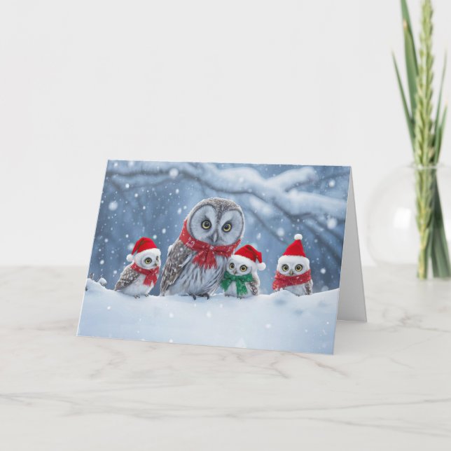 Happy Holidays Christmas with Cute Owl Family Hats Card (Front)