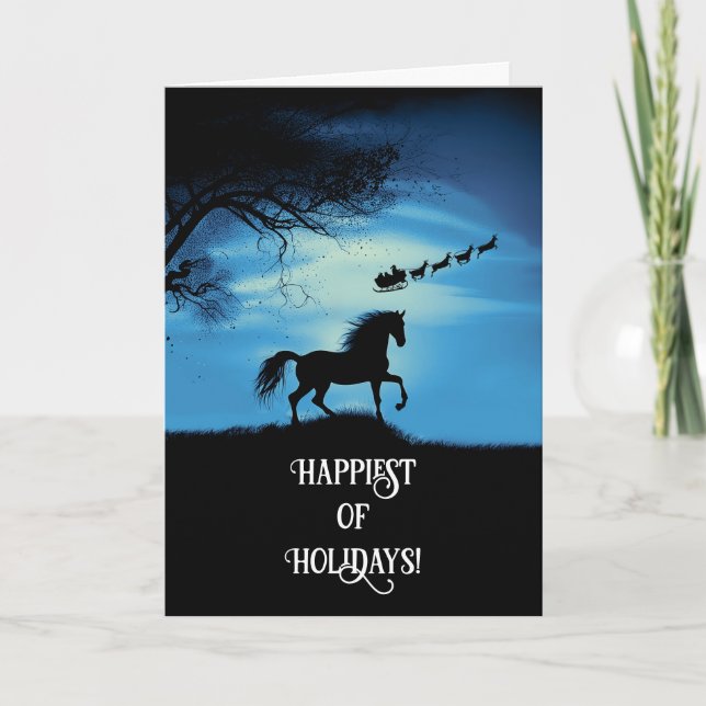 Happy Holidays Christmas with Horse Watching Santa Card (Front)