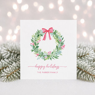 Happy Holidays Christmas Wreath and Red Bow Holiday Card