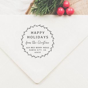 Happy Holidays Christmas Wreath Script Family Name Self-inking Stamp
