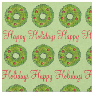 Happy Holidays Christmas Xmas Green Wreath Cookie Fabric